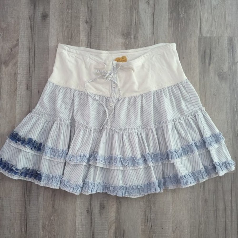Free People White and Light Blue Tiered Mini Skirt